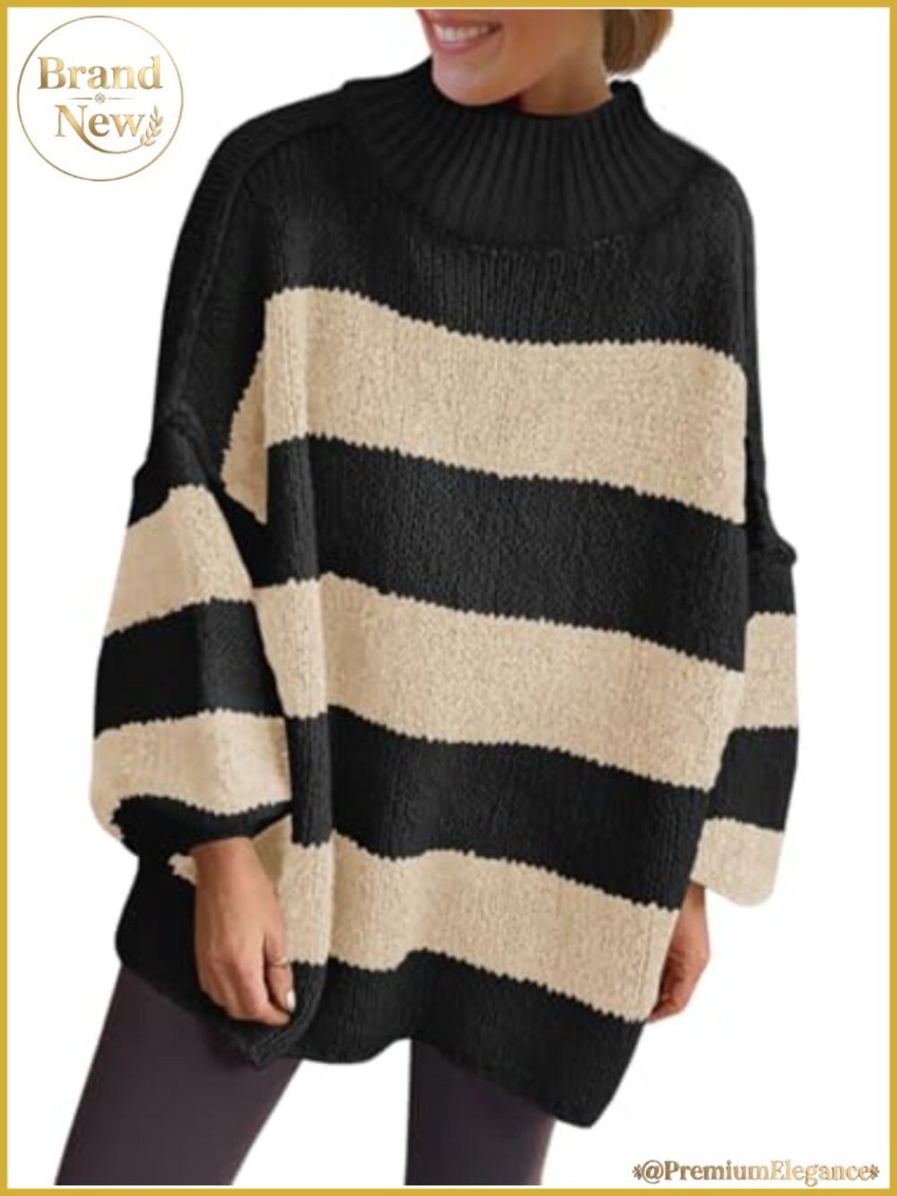 Oversized Striped Chunky Mock Neck Sweater for Women, Long Sleeve Knit Pullover